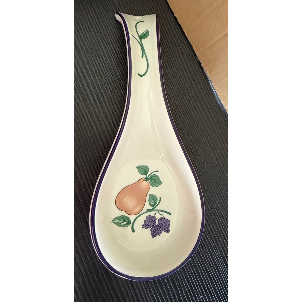 Princess House Orchard Medley Ceramic Spoon Rest Pear Grapes Fruit Blue Trim